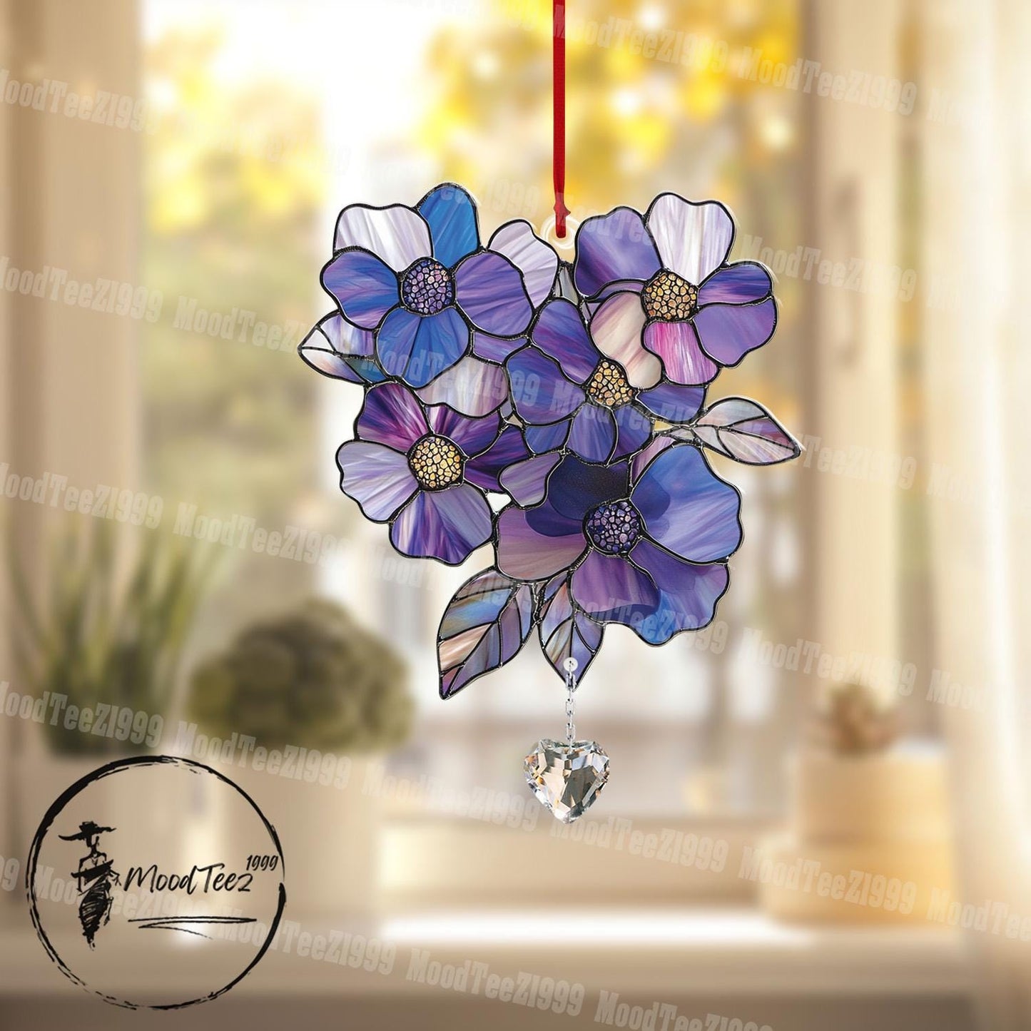 Floral Window Hanging with Crystal, Acrylic Floral Decor, Light Reflecting Home Accent, Gift for Her, Spring Flower Window Art