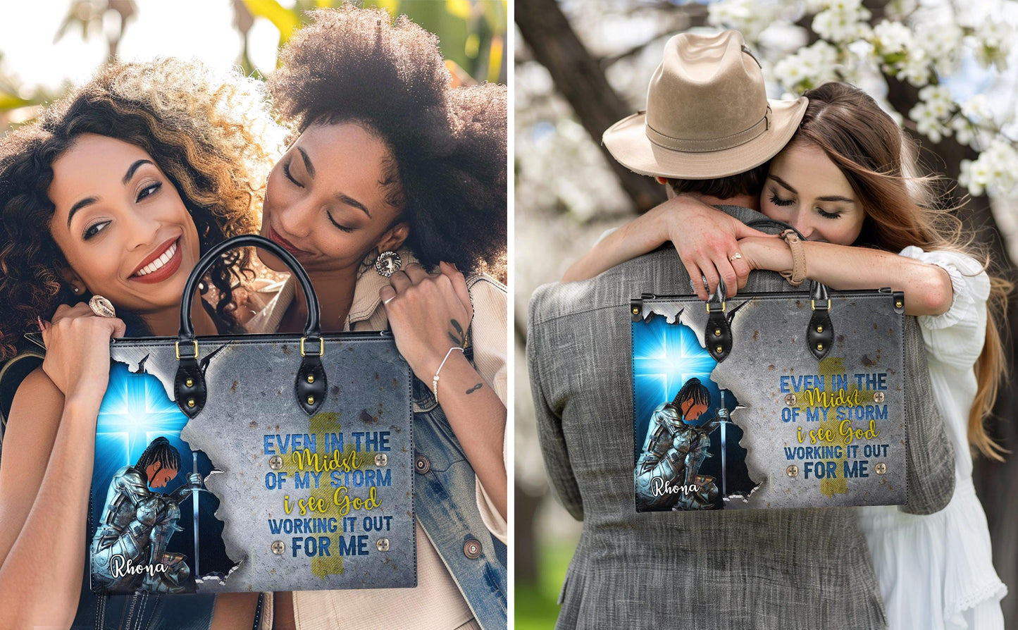 Spiritual Warrior Tote Bag, Personalized Christian Gift for Black Woman, Knight of Faith Purse, Even In The Storm Custom Name Handbag