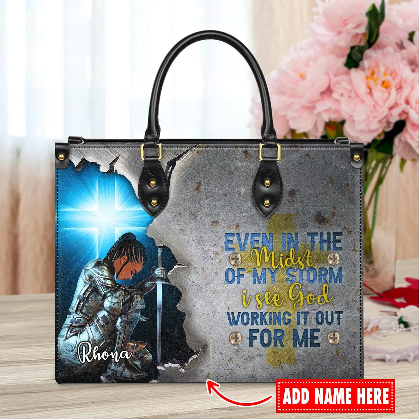 Spiritual Warrior Tote Bag, Personalized Christian Gift for Black Woman, Knight of Faith Purse, Even In The Storm Custom Name Handbag