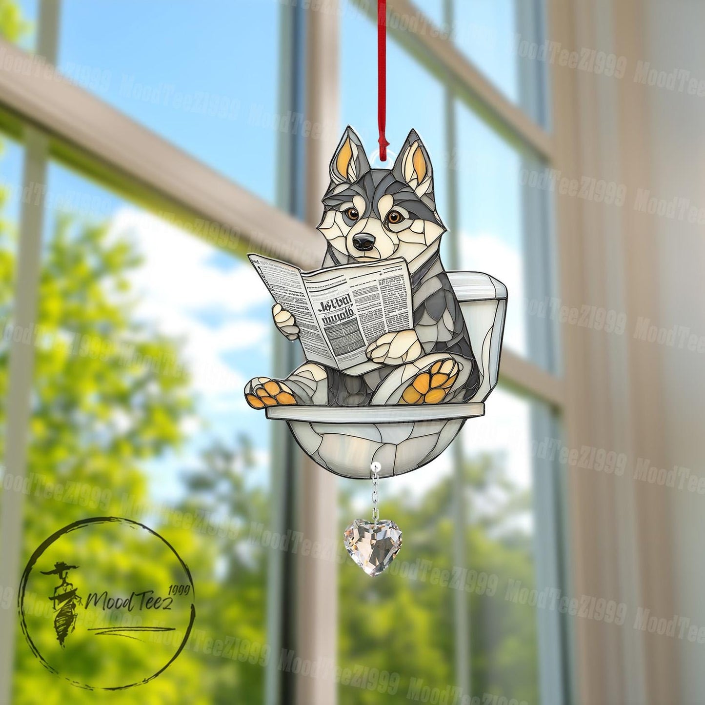 Reading Husky Dog Window Hanging with Crystal, Cute Dog in Toilet, Husky Dog Decor, Whimsical Dog Art for Home, Crystal Window Ornament
