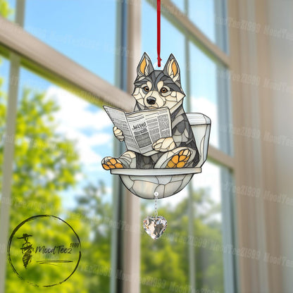 Reading Husky Dog Window Hanging with Crystal, Cute Dog in Toilet, Husky Dog Decor, Whimsical Dog Art for Home, Crystal Window Ornament
