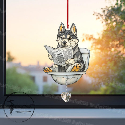 Reading Husky Dog Window Hanging with Crystal, Cute Dog in Toilet, Husky Dog Decor, Whimsical Dog Art for Home, Crystal Window Ornament