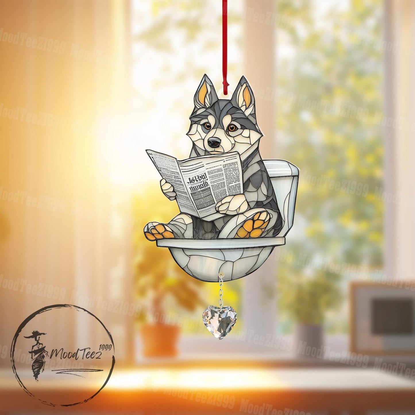 Reading Husky Dog Window Hanging with Crystal, Cute Dog in Toilet, Husky Dog Decor, Whimsical Dog Art for Home, Crystal Window Ornament