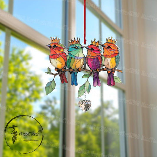 Four Colorful Birds with Crystal Window Hanging, Crystal Ornament, Bird Lover Gift, Home Decor, Unique Window Art, Decorative Hanging