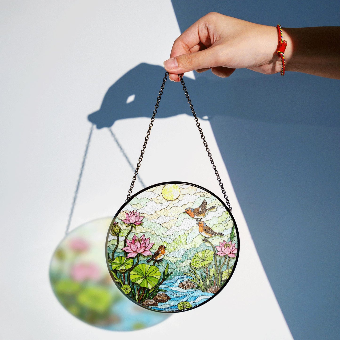Birds and Lotus Pond Stained Glass Suncatcher Window Decor Gift for Nature Lover Friend