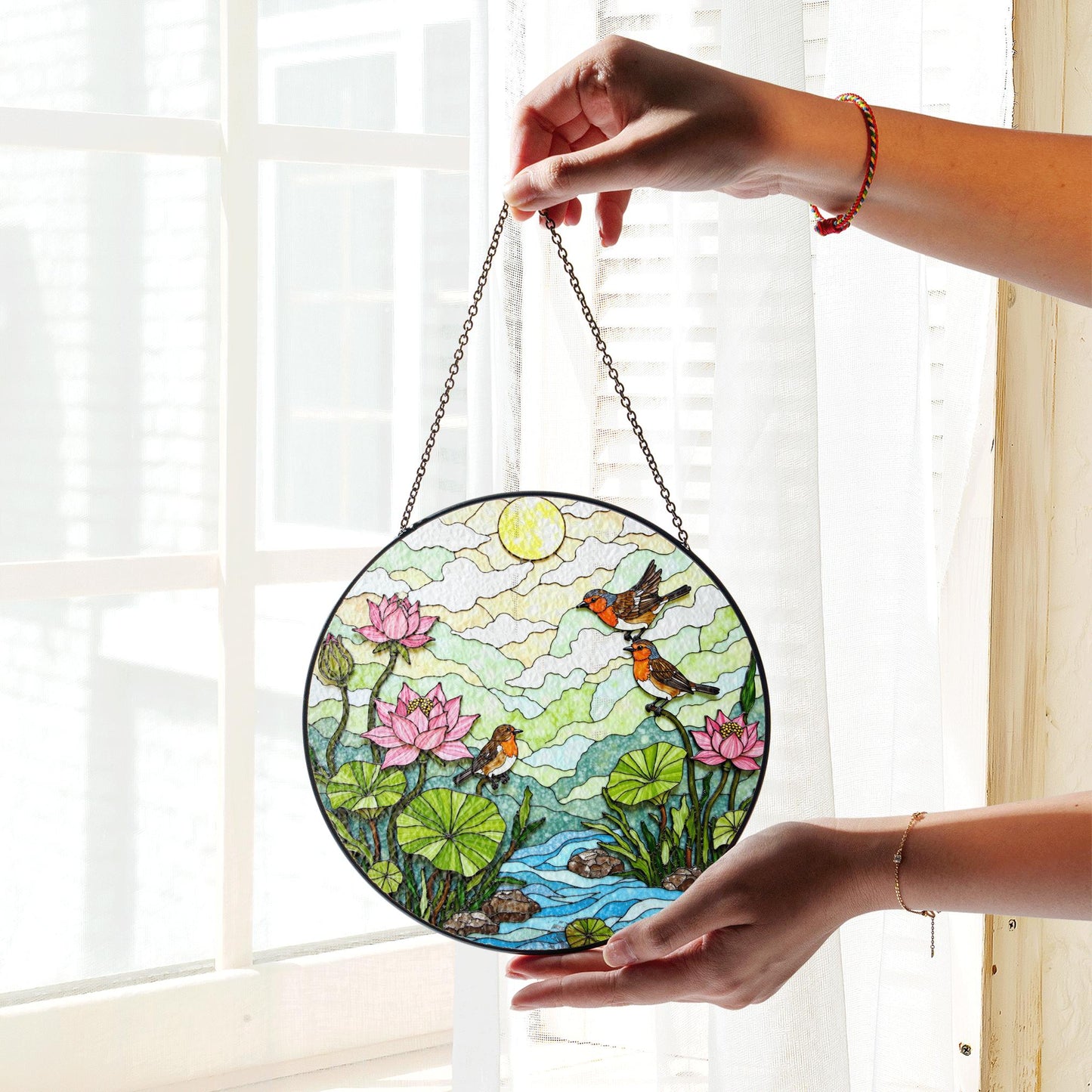 Birds and Lotus Pond Stained Glass Suncatcher Window Decor Gift for Nature Lover Friend