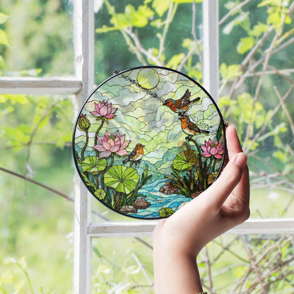 Birds and Lotus Pond Stained Glass Suncatcher Window Decor Gift for Nature Lover Friend