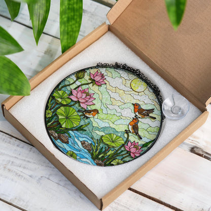 Birds and Lotus Pond Stained Glass Suncatcher Window Decor Gift for Nature Lover Friend