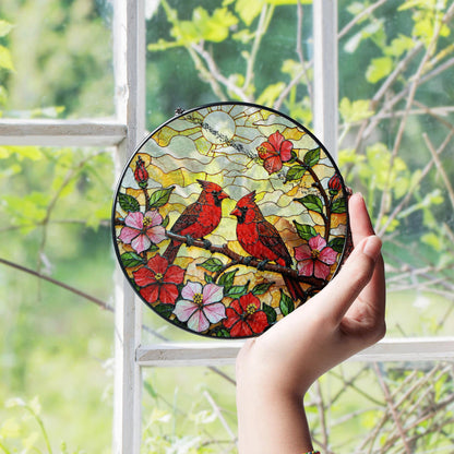 Red Cardinals on Flower Branch Stained Glass Suncatcher Window Art Gift for Mom