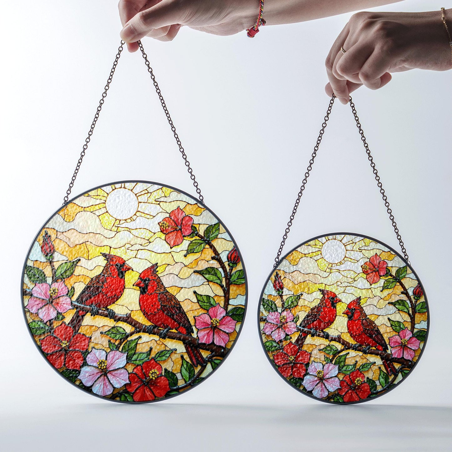 Red Cardinals on Flower Branch Stained Glass Suncatcher Window Art Gift for Mom