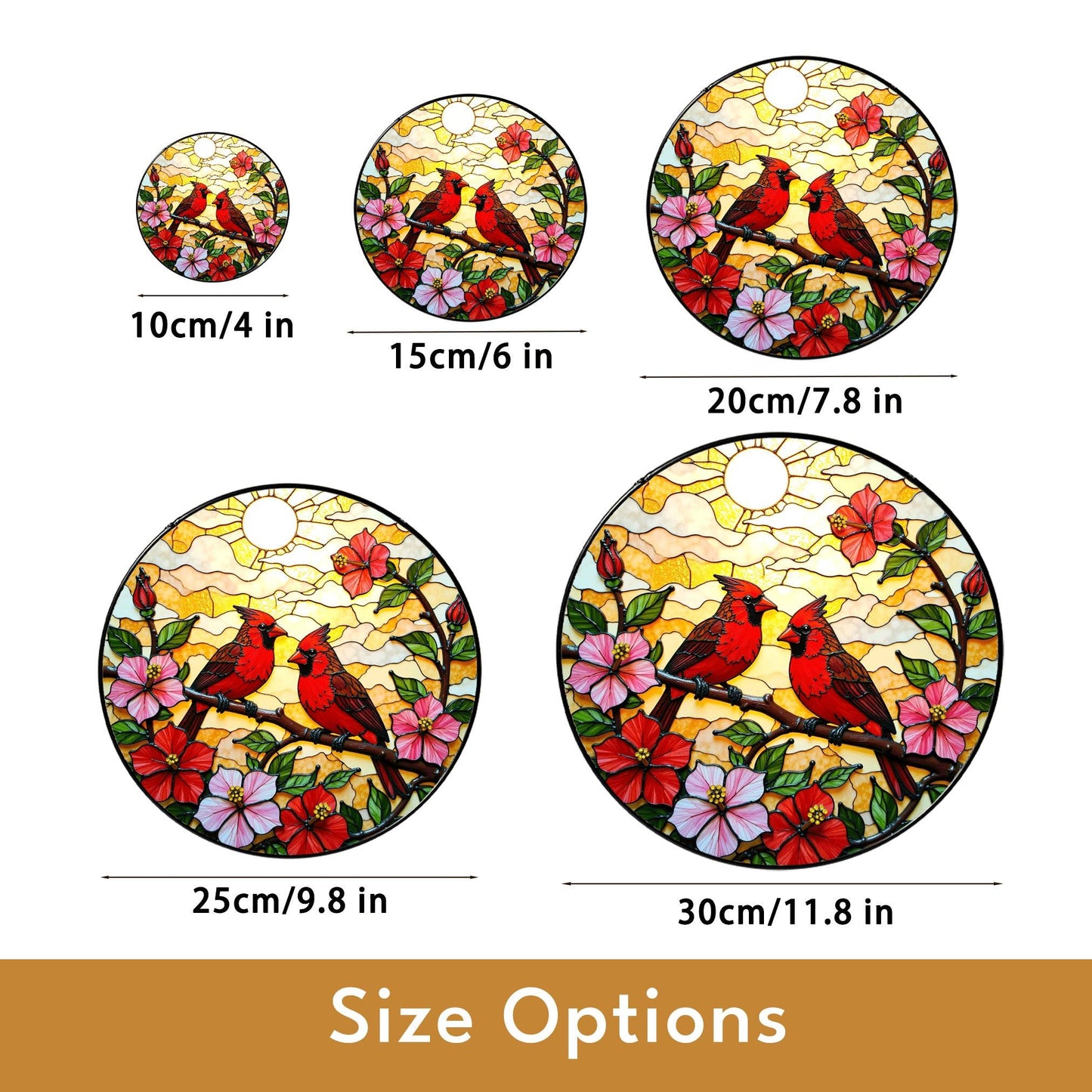 Red Cardinals on Flower Branch Stained Glass Suncatcher Window Art Gift for Mom
