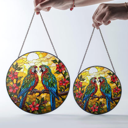 Colorful Parrots Tropical Flowers Stained Glass Window Hanging Round Suncatcher Gift for Bird Lovers
