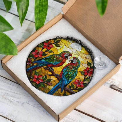 Colorful Parrots Tropical Flowers Stained Glass Window Hanging Round Suncatcher Gift for Bird Lovers
