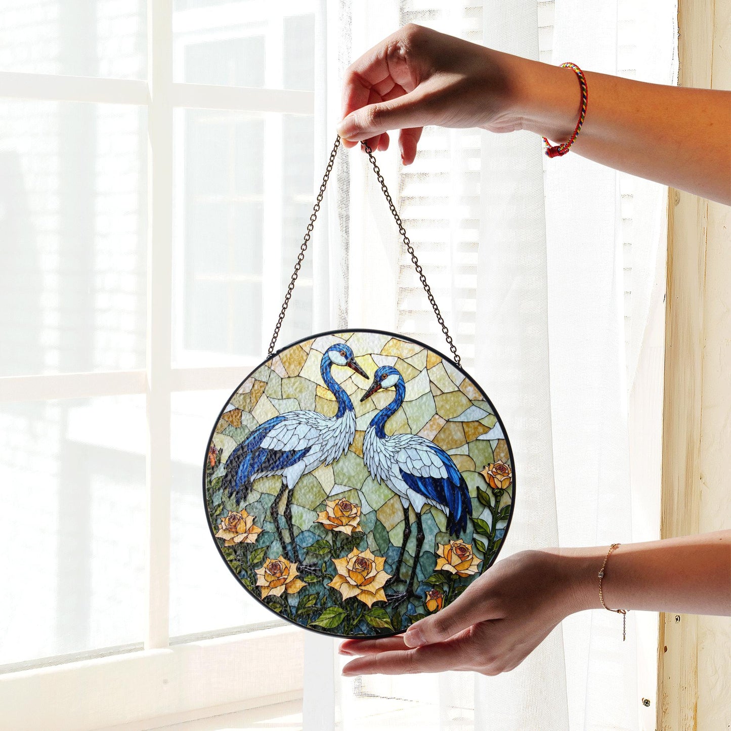 Blue cranes floral suncatcher stained glass window decor perfect gift for bird lovers