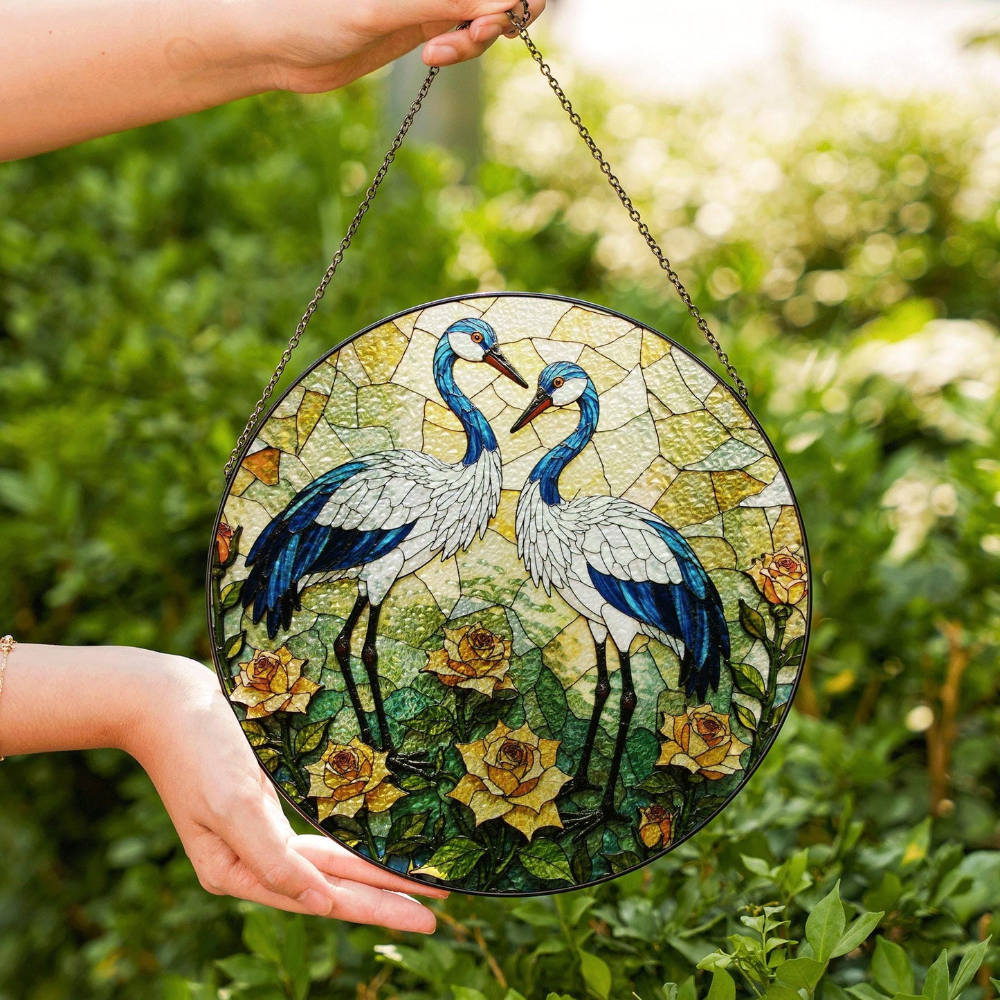 Blue cranes floral suncatcher stained glass window decor perfect gift for bird lovers