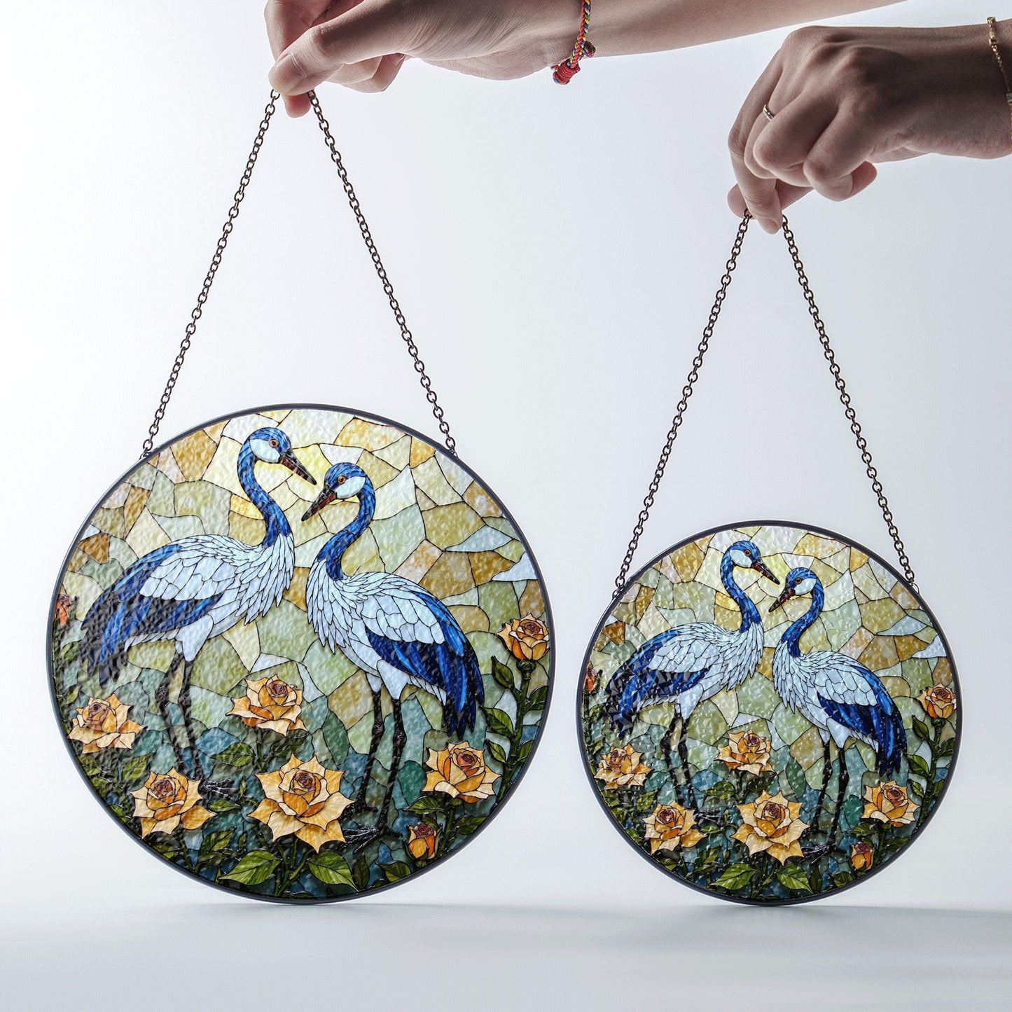 Blue cranes floral suncatcher stained glass window decor perfect gift for bird lovers