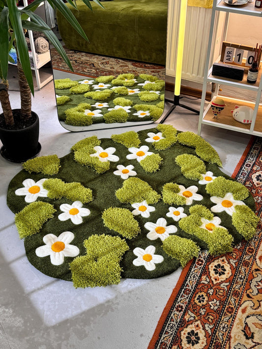 Daisy Moss Rug, 3D Moss Rug, Сhamomile Field rug, Grass Rug, Landscape rug, Area Rug, Gift for Her, 3D Moss Meadow Rug with Daisies
