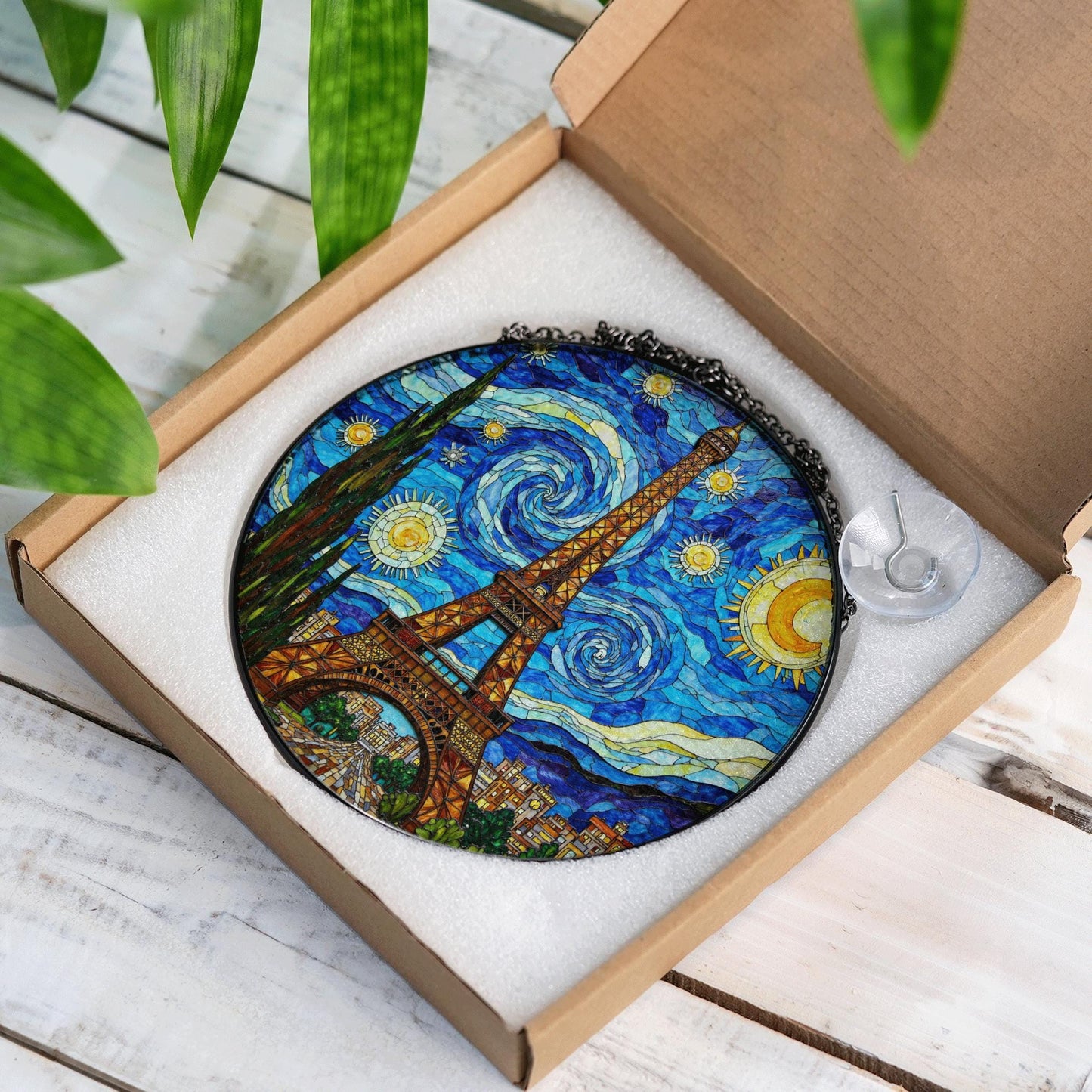 Eiffel Tower Starry Night Style Round Stained Glass Suncatcher Gift for Paris Lover