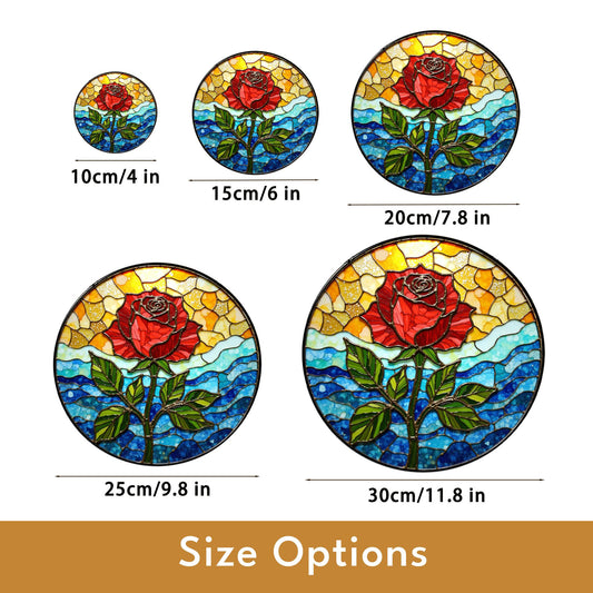 Red rose bloom stained glass suncatcher floral round window decor gift for mother or flower lover