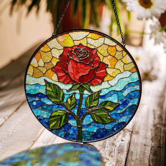 Red rose bloom stained glass suncatcher floral round window decor gift for mother or flower lover