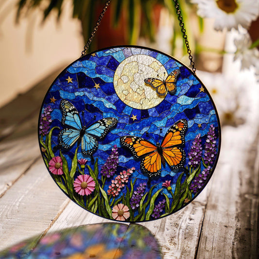 Moon butterflies wildflower stained glass suncatcher night sky decor gift for garden lovers