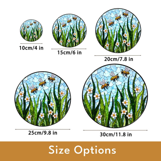Flying bees and white flowers round glass suncatcher honey garden art gift for mom