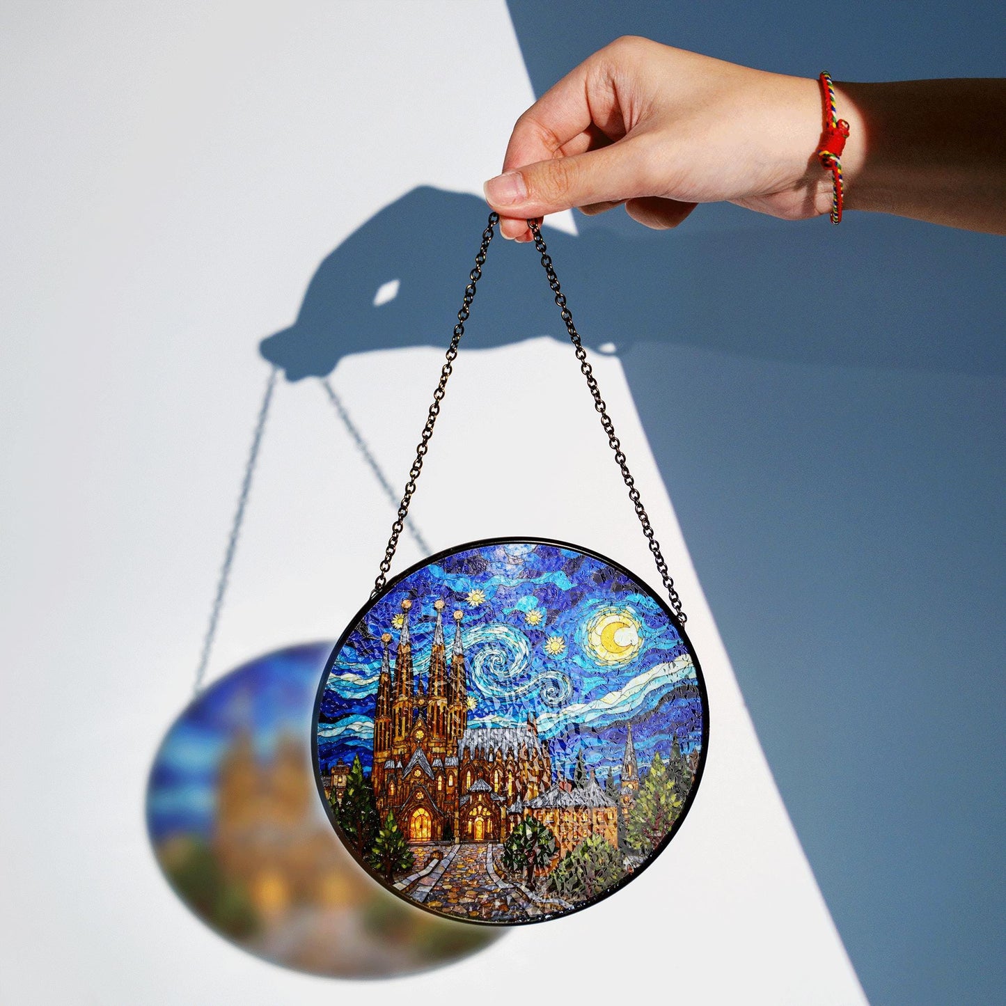 cathedral under starry sky round stained glass style suncatcher gift for architecture lover