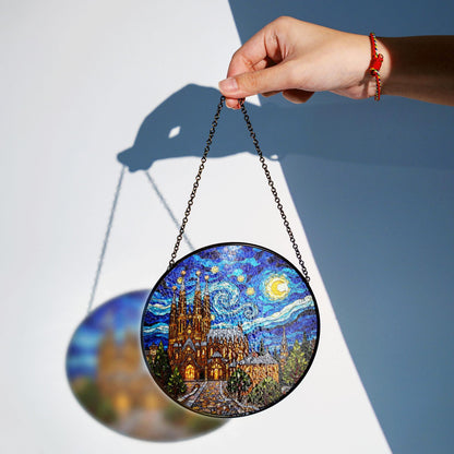 cathedral under starry sky round stained glass style suncatcher gift for architecture lover