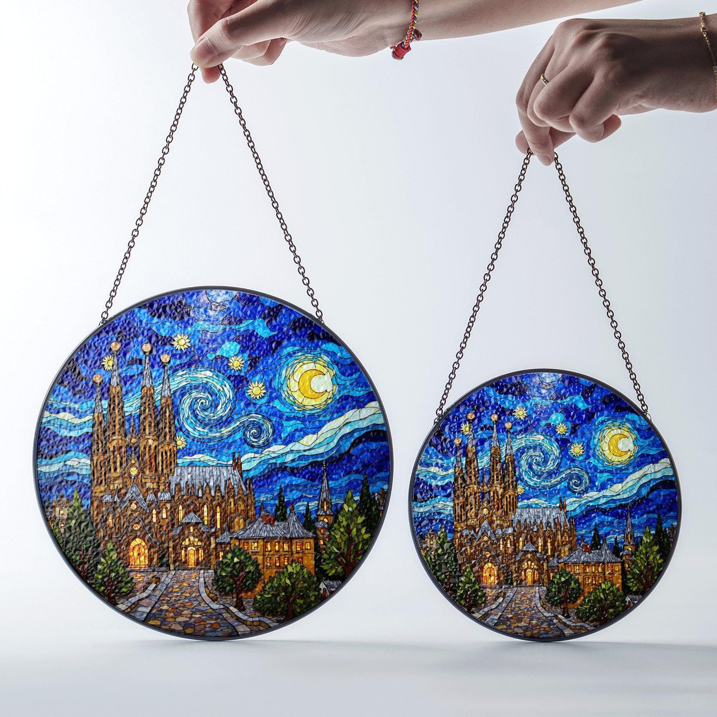 cathedral under starry sky round stained glass style suncatcher gift for architecture lover