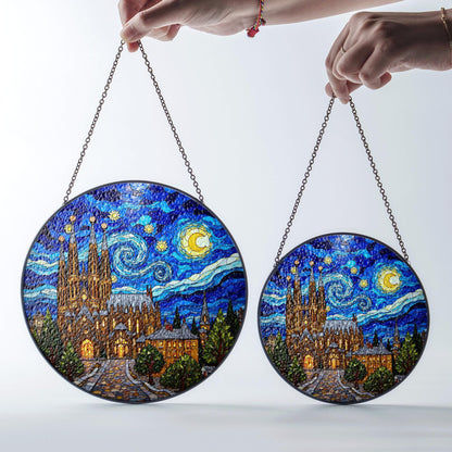 cathedral under starry sky round stained glass style suncatcher gift for architecture lover