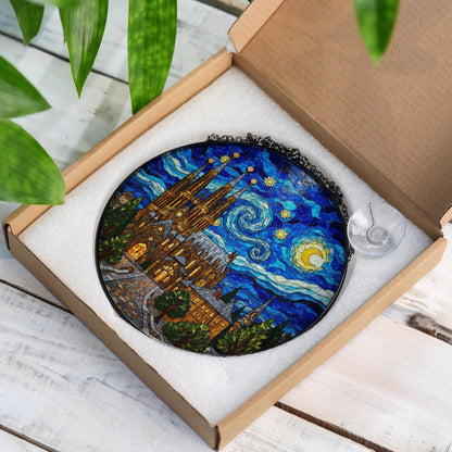 cathedral under starry sky round stained glass style suncatcher gift for architecture lover