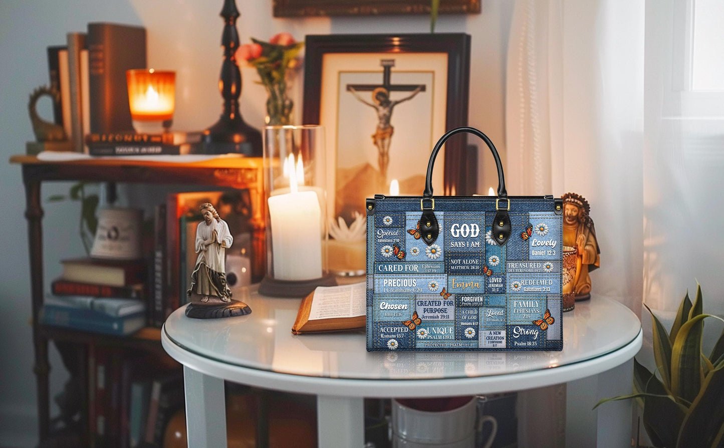 Personalized Leather Handbag Custom Name, Christian Gift, Gifts for Women, God Says I Am Bag, Blue Denim & Butterfly Design