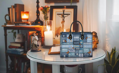 Personalized Leather Handbag Custom Name, Christian Gift, Gifts for Women, God Says I Am Bag, Blue Denim & Butterfly Design