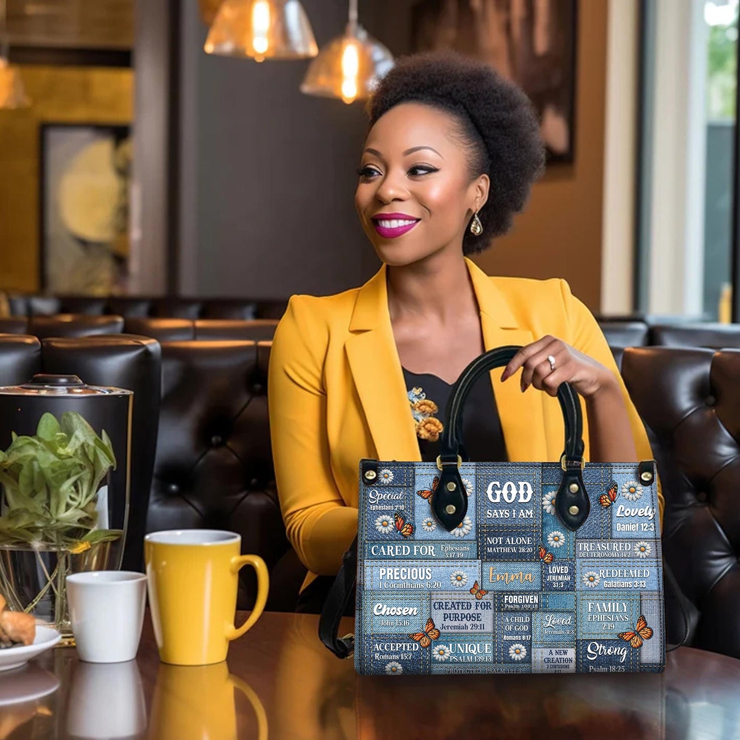 Personalized Leather Handbag Custom Name, Christian Gift, Gifts for Women, God Says I Am Bag, Blue Denim & Butterfly Design