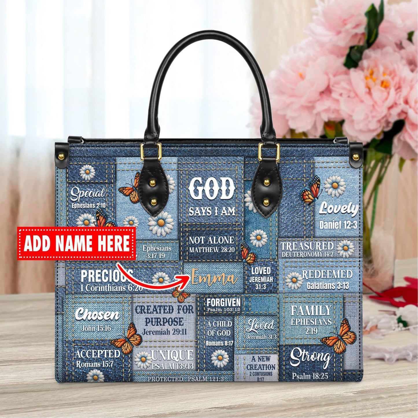 Personalized Leather Handbag Custom Name, Christian Gift, Gifts for Women, God Says I Am Bag, Blue Denim & Butterfly Design