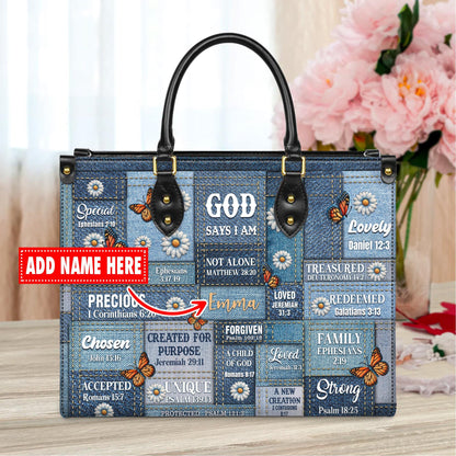 Personalized Leather Handbag Custom Name, Christian Gift, Gifts for Women, God Says I Am Bag, Blue Denim & Butterfly Design