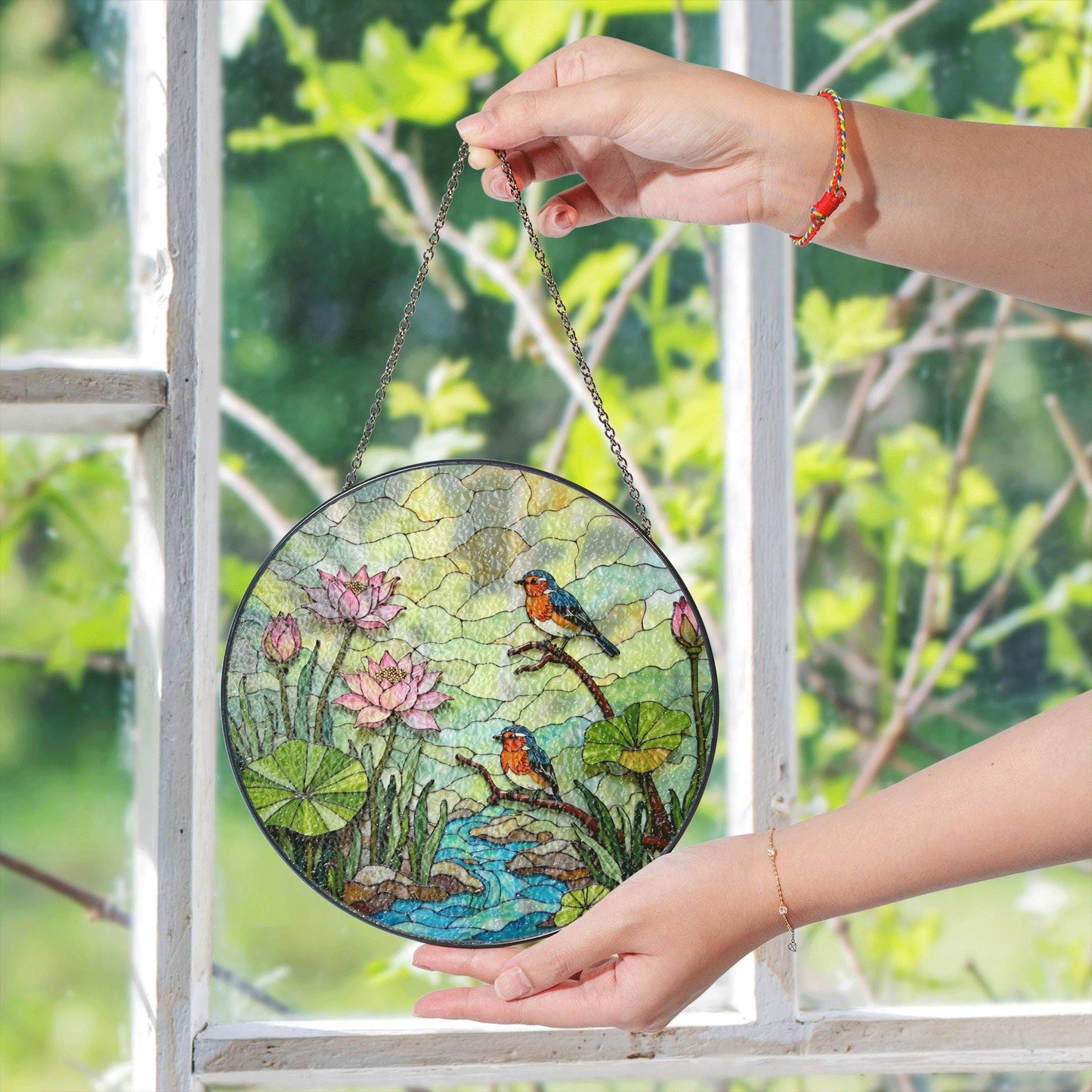 kingfisher lotus pond stained glass suncatcher nature window decor gift for bird lovers