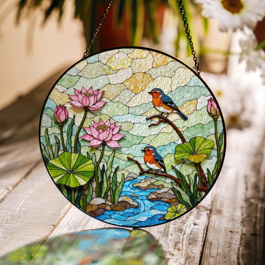 kingfisher lotus pond stained glass suncatcher nature window decor gift for bird lovers