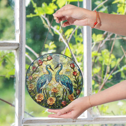 blue heron floral round stained glass window hanging suncatcher bird lover gift