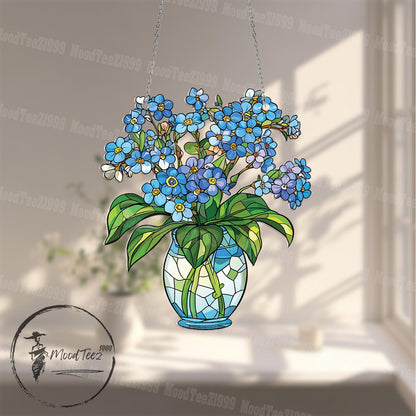 Blue Flower Window Hanging, Decorative Floral Vase with Forget Me Not Design, Elegant Window Decoration for Home, Kitchen, or Garden Room