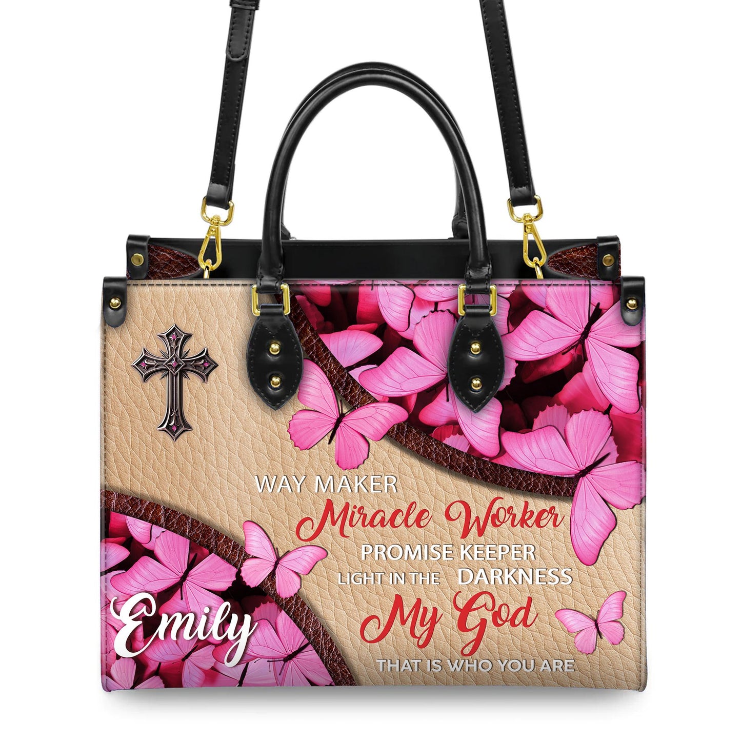 Personalized Leather Handbag Custom Name, Christian Gift, Gifts for Women, Way Maker Miracle Worker Bag, Pink Butterfly & Cross Design