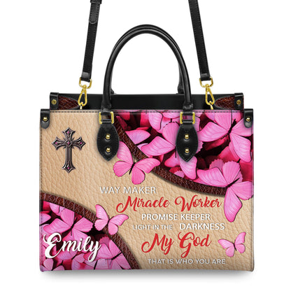 Personalized Leather Handbag Custom Name, Christian Gift, Gifts for Women, Way Maker Miracle Worker Bag, Pink Butterfly & Cross Design