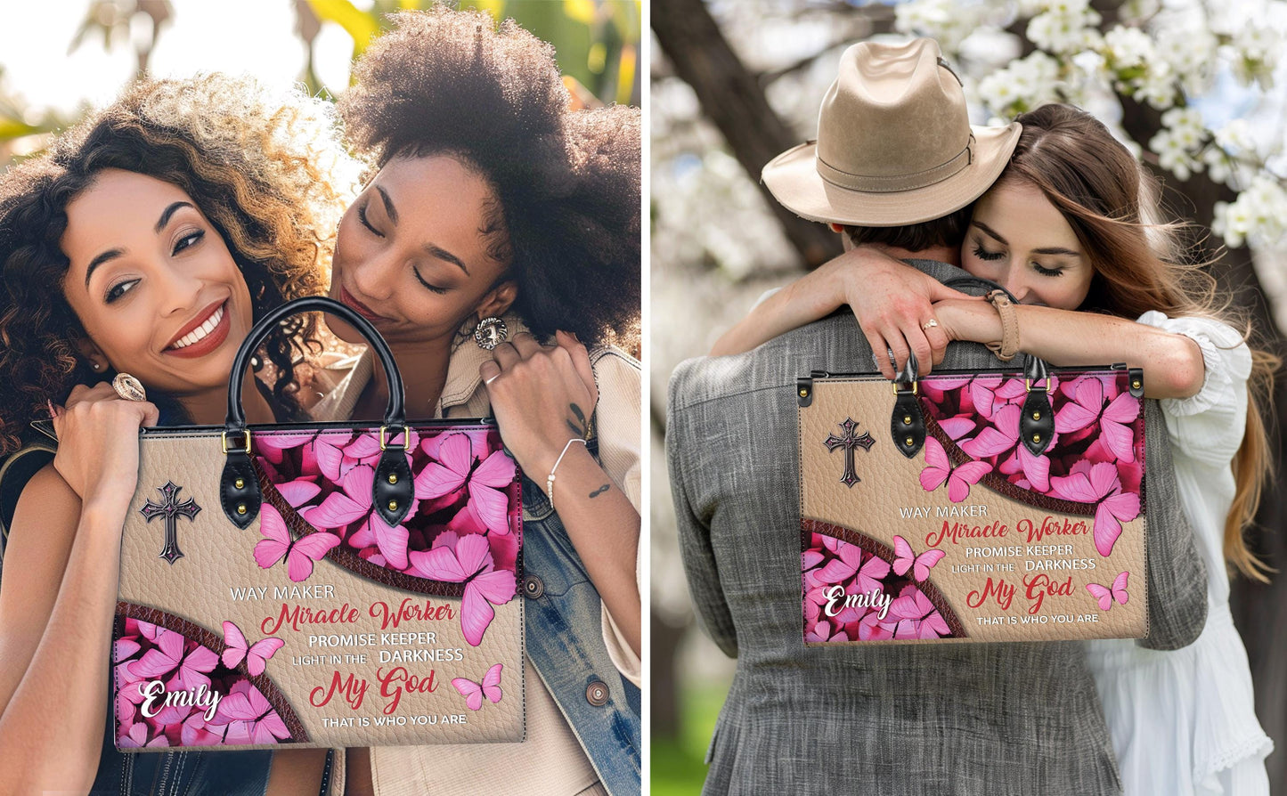 Personalized Leather Handbag Custom Name, Christian Gift, Gifts for Women, Way Maker Miracle Worker Bag, Pink Butterfly & Cross Design