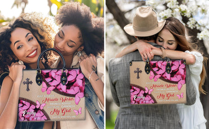 Personalized Leather Handbag Custom Name, Christian Gift, Gifts for Women, Way Maker Miracle Worker Bag, Pink Butterfly & Cross Design