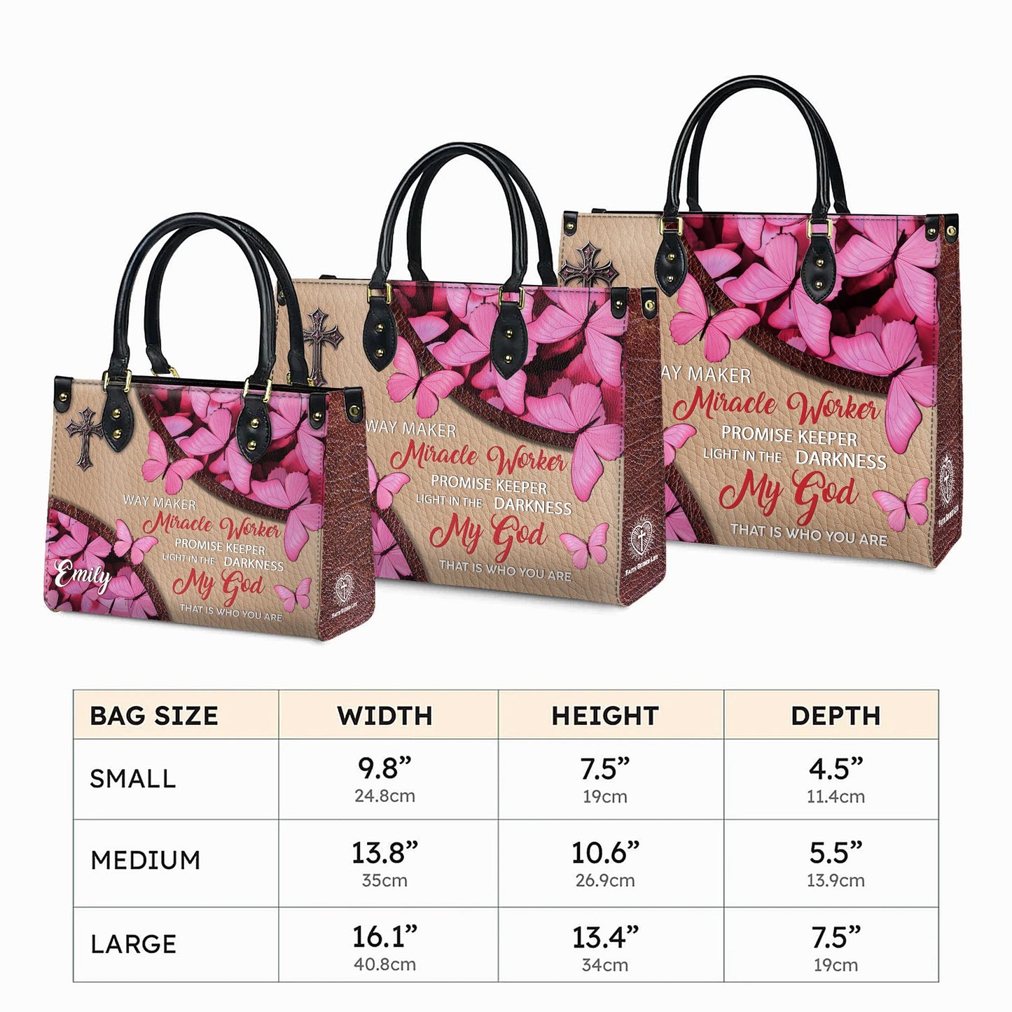 Personalized Leather Handbag Custom Name, Christian Gift, Gifts for Women, Way Maker Miracle Worker Bag, Pink Butterfly & Cross Design