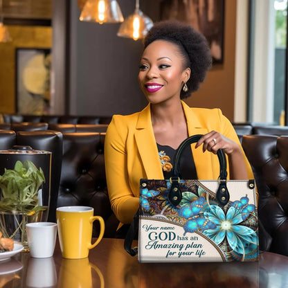 Personalized Leather Handbag Custom Name, Christian Gift, Gifts for Women, Amazing Plan for Your Life Bag, Butterfly & Flower Design