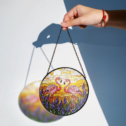 Flamingos In Lavender Field Round Window Hanging Flamingo Suncatcher Gift For Mom