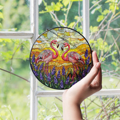 Flamingos In Lavender Field Round Window Hanging Flamingo Suncatcher Gift For Mom