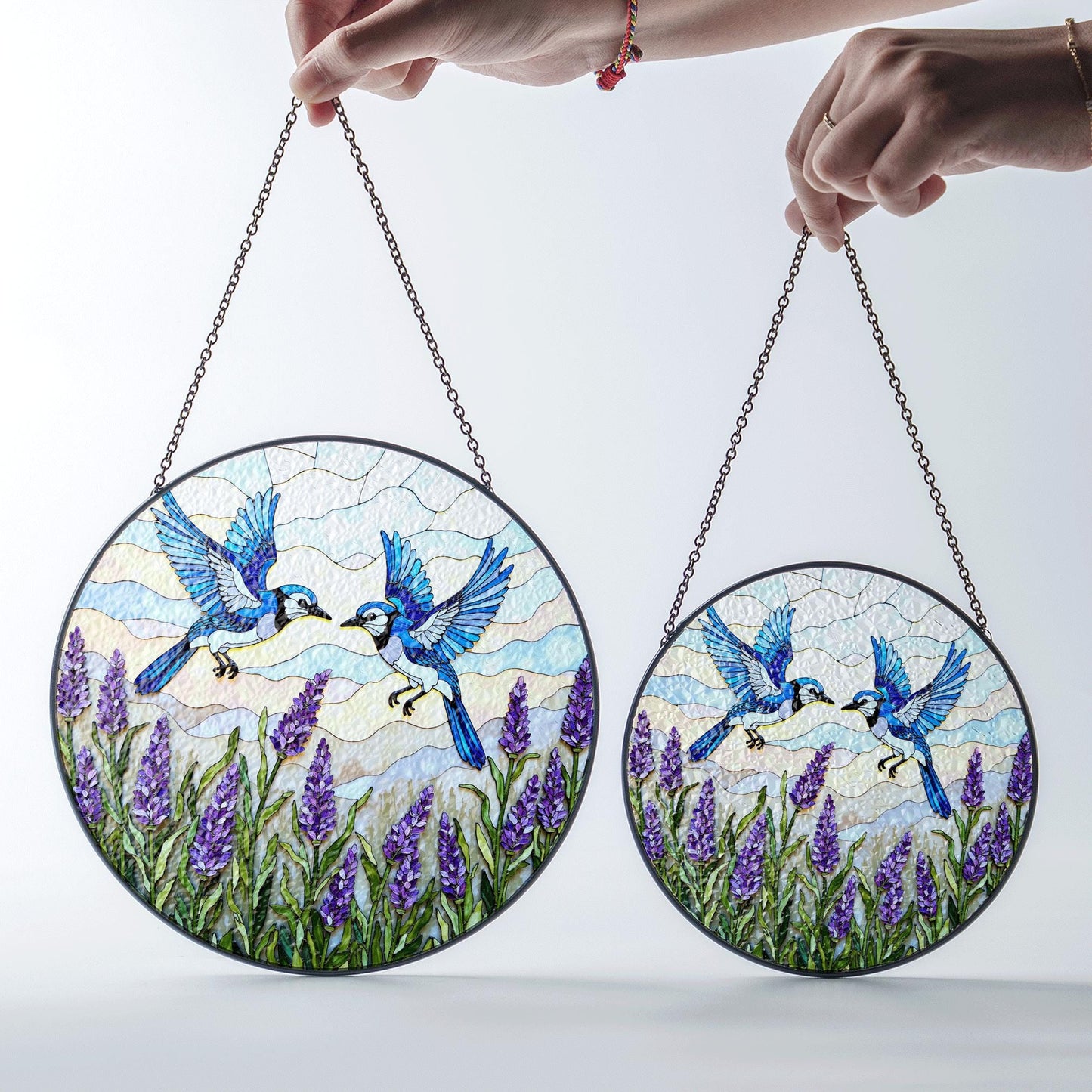 Blue birds with lavender stained glass suncatcher round window decor gift for mom