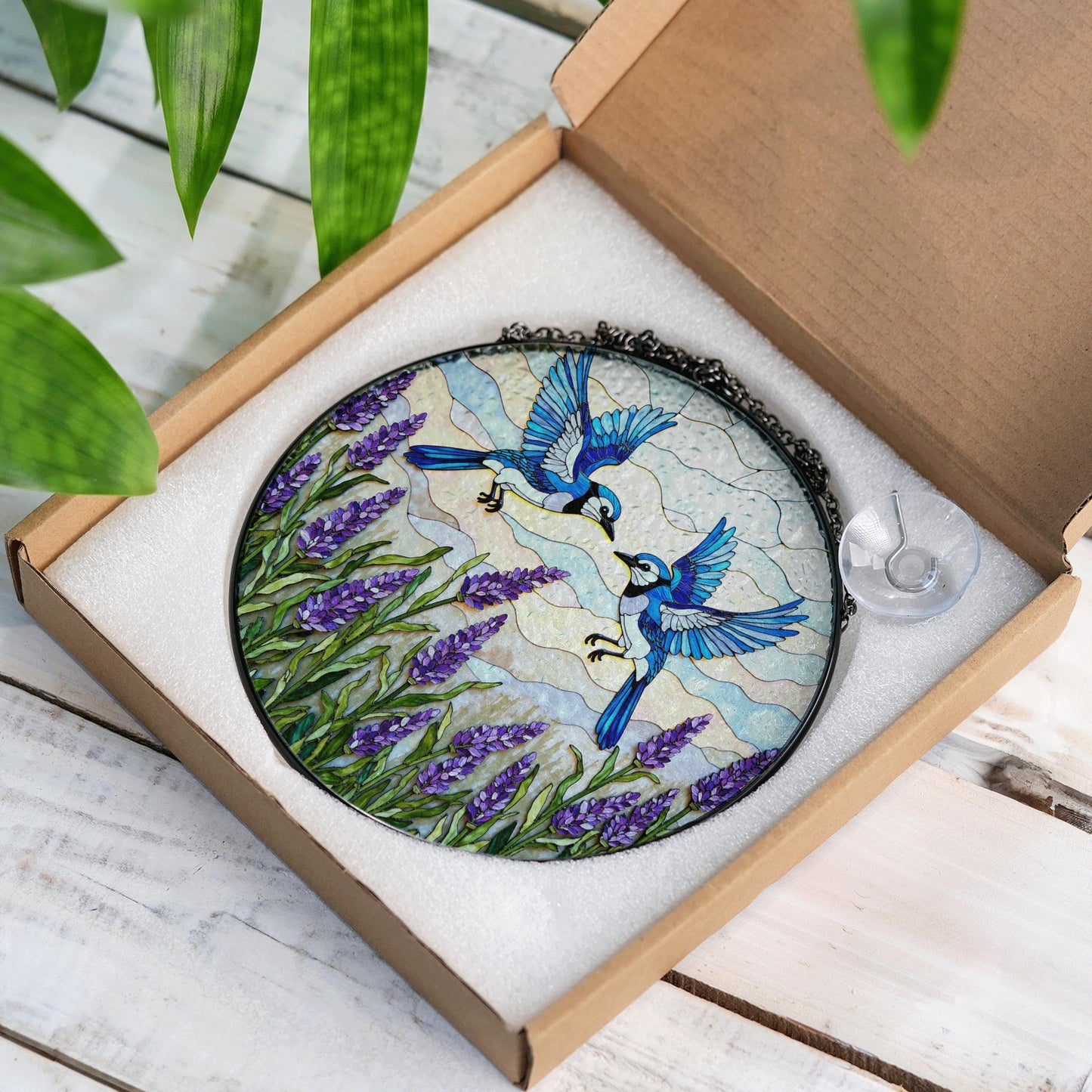 Blue birds with lavender stained glass suncatcher round window decor gift for mom